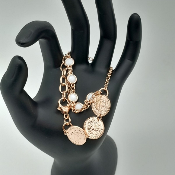 18k ROSE GOLD OVER BRONZE STATIONED COIN BRACELET SIZE 6- 7.5 - Picture 2 of 5